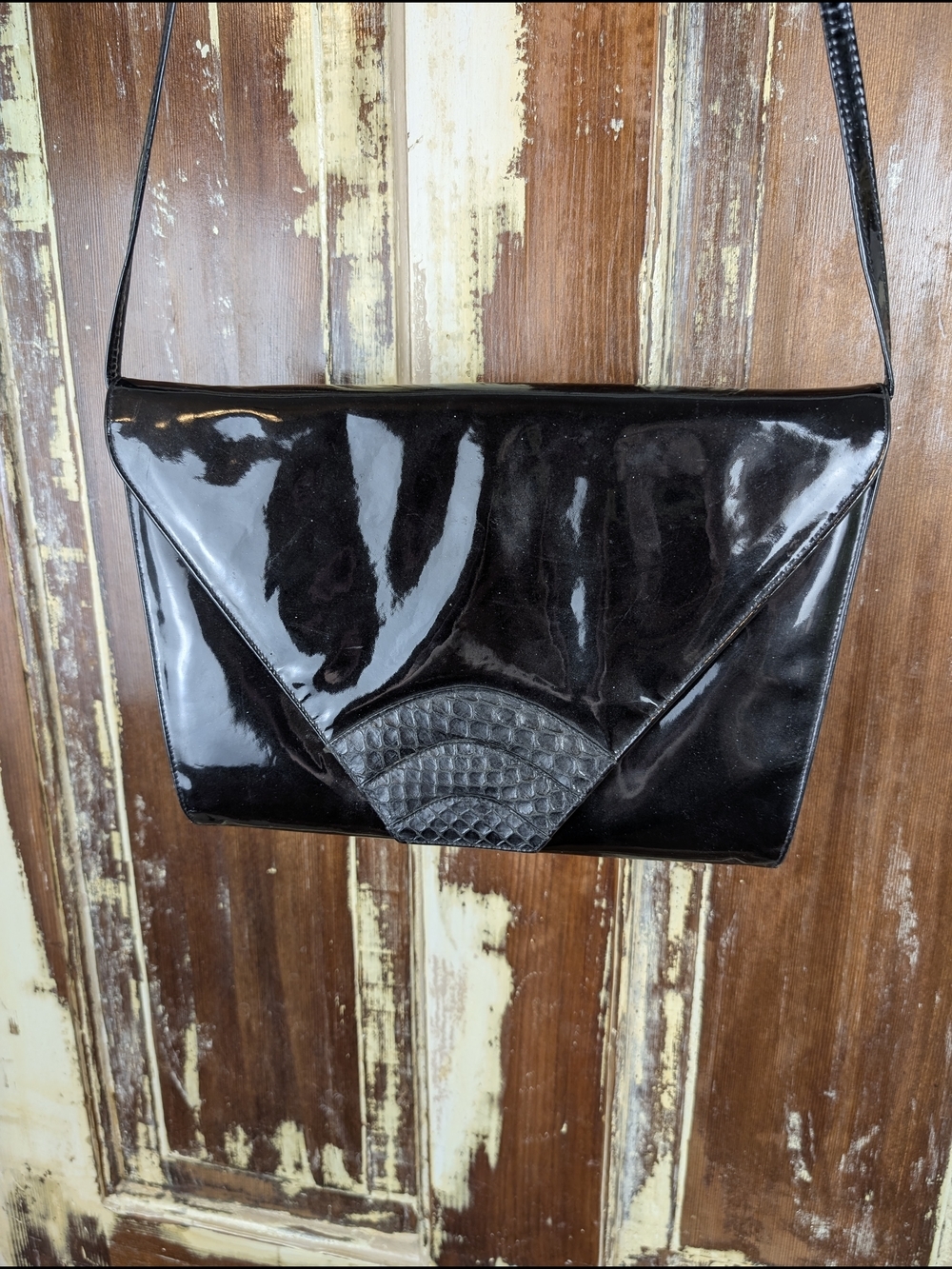Vintage 80s Arnold Churgin Black Patent Evening Bag Snakeskin Trim Small Purse